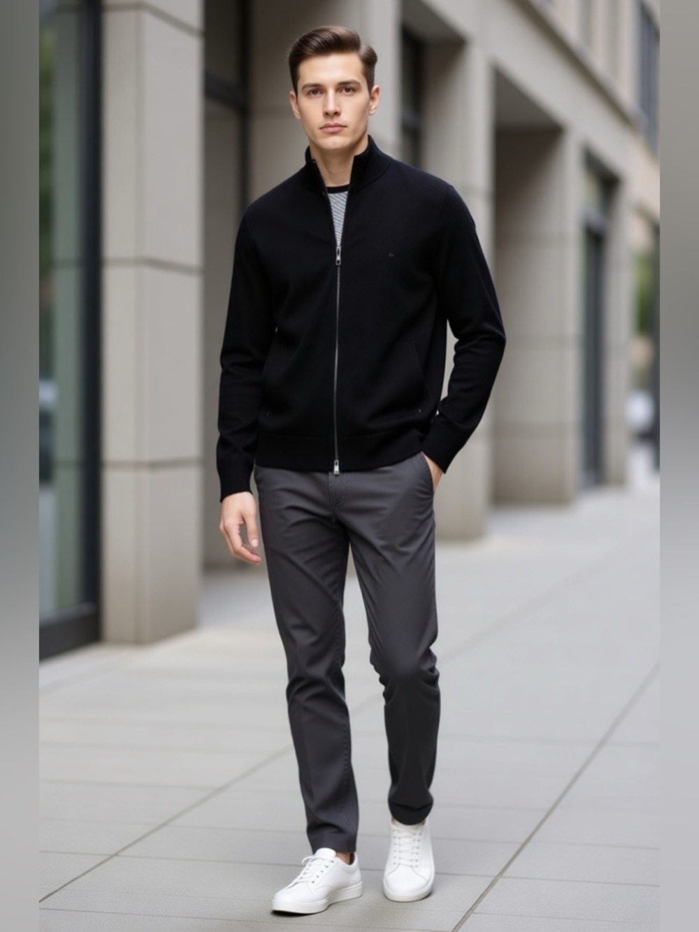 CALVIN KLEIN Black Merino Wool Mock Neck Full Zip Sweater Pockets Classic Fit